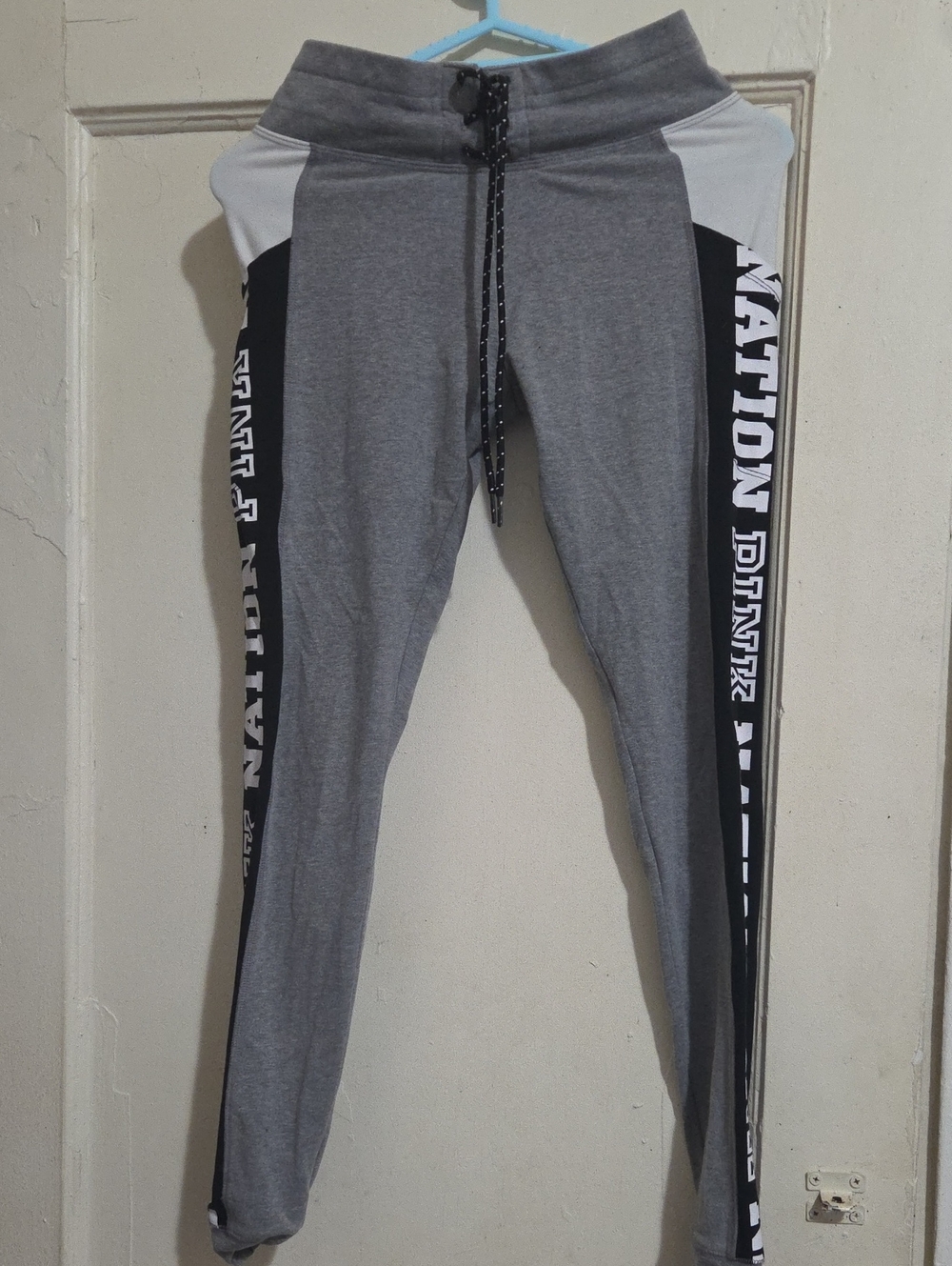 PINK Victoria's Secret Gray Leggings with Black Side Panels and White Script
